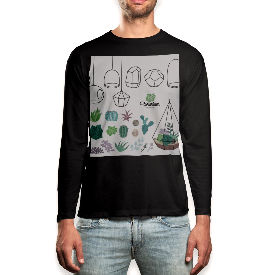 Long-Sleeved - ロング tシャツ メンズ 長袖 ブラック デザイン XS S M L XL 2XL ロンT ティーシャツ 黒 black T shirt long sleeve 016364 サボテン　植物