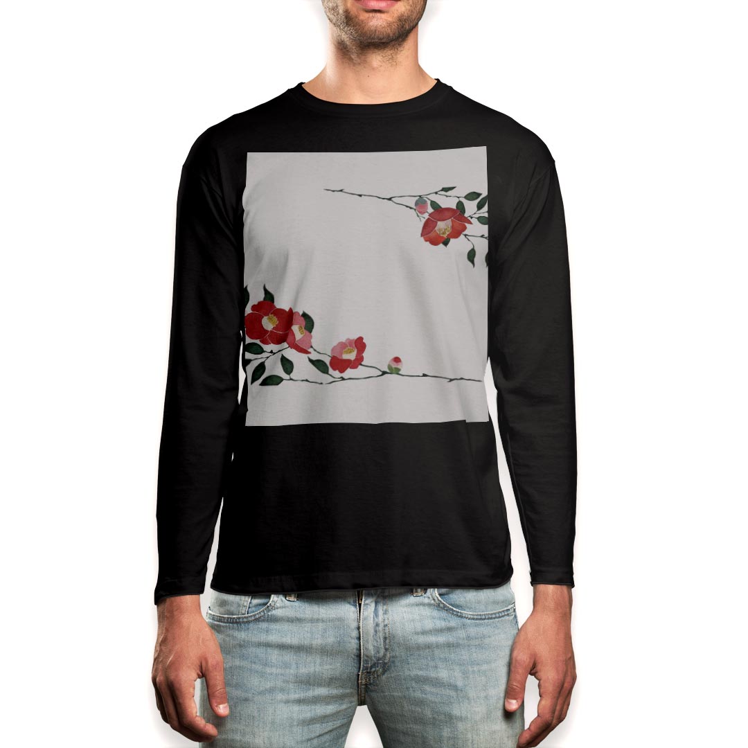 ロング tシャツ メンズ 長袖 ブラック デザイン XS S M L XL 2XL ロンT ティーシャツ 黒 black T shirt long sleeve 016452 花　植物
