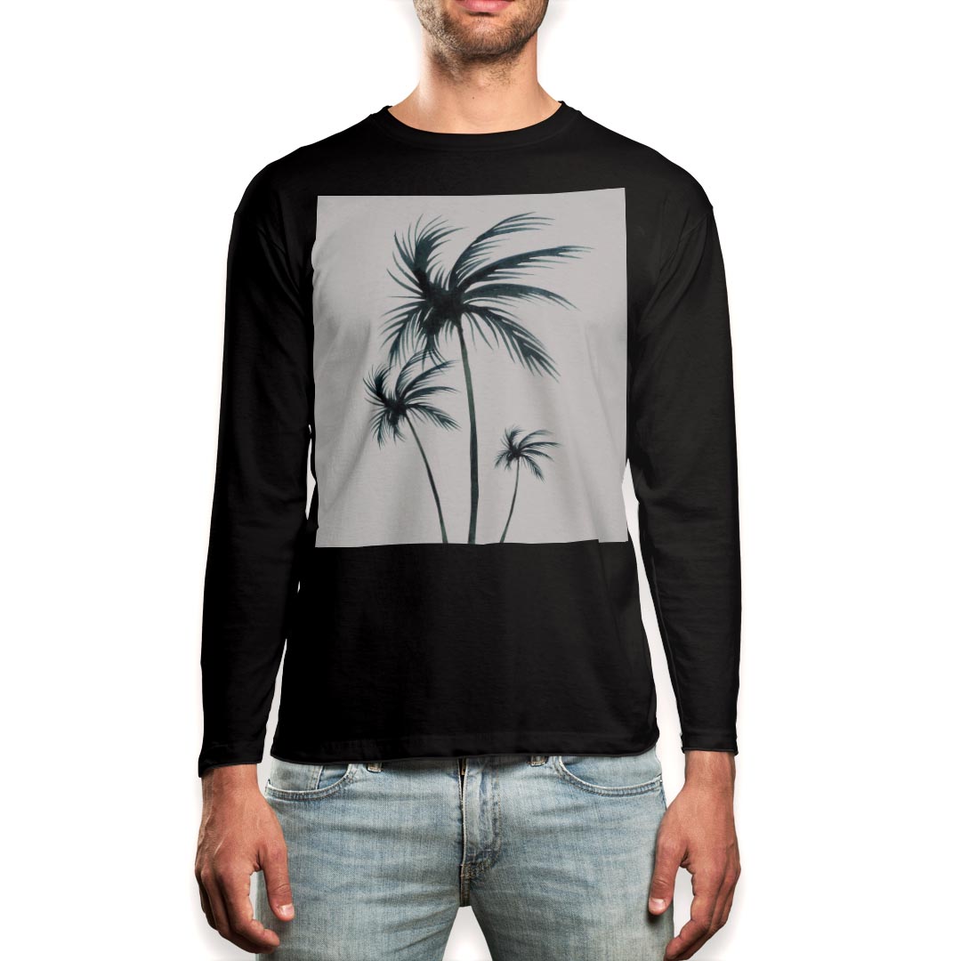 ロング tシャツ メンズ 長袖 ブラック デザイン XS S M L XL 2XL ロンT ティーシャツ 黒 black T shirt long sleeve 016461 ヤシの木　植物(4.0)