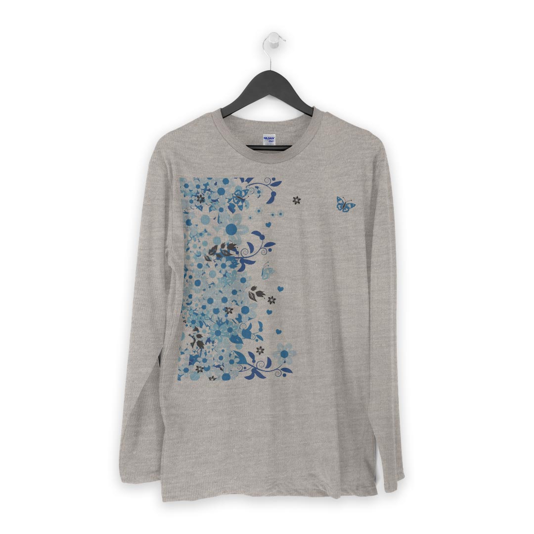 ロング tシャツ メンズ 長袖 ホワイト グレー デザイン XS S M L XL 2XL Tシャツ ティーシャツ T shirt long sleeve 004633 蝶　花　青