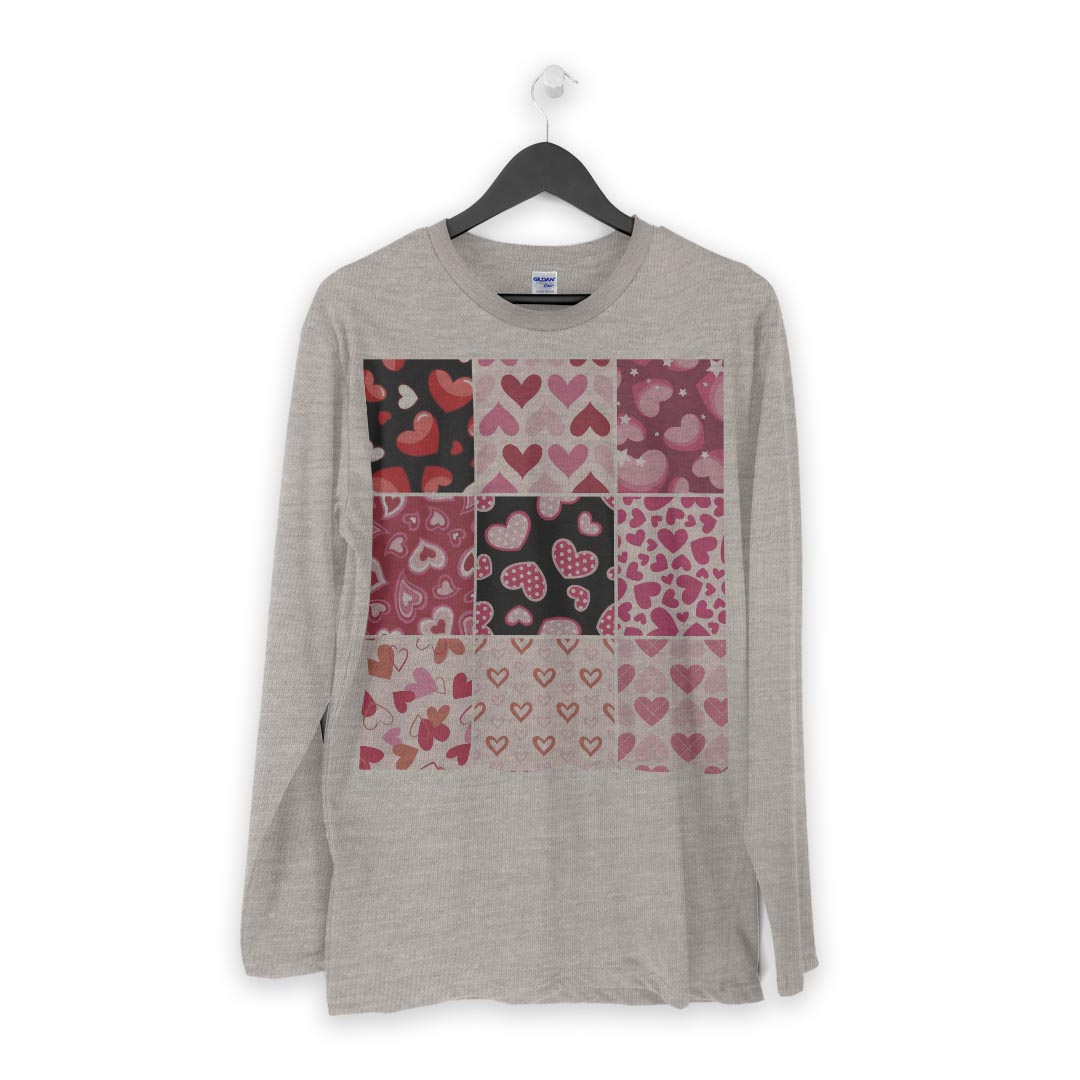 ロング tシャツ メンズ 長袖 ホワイト グレー デザイン XS S M L XL 2XL Tシャツ ティーシャツ T shirt long sleeve 005240 ハート　模様　赤　ピンク