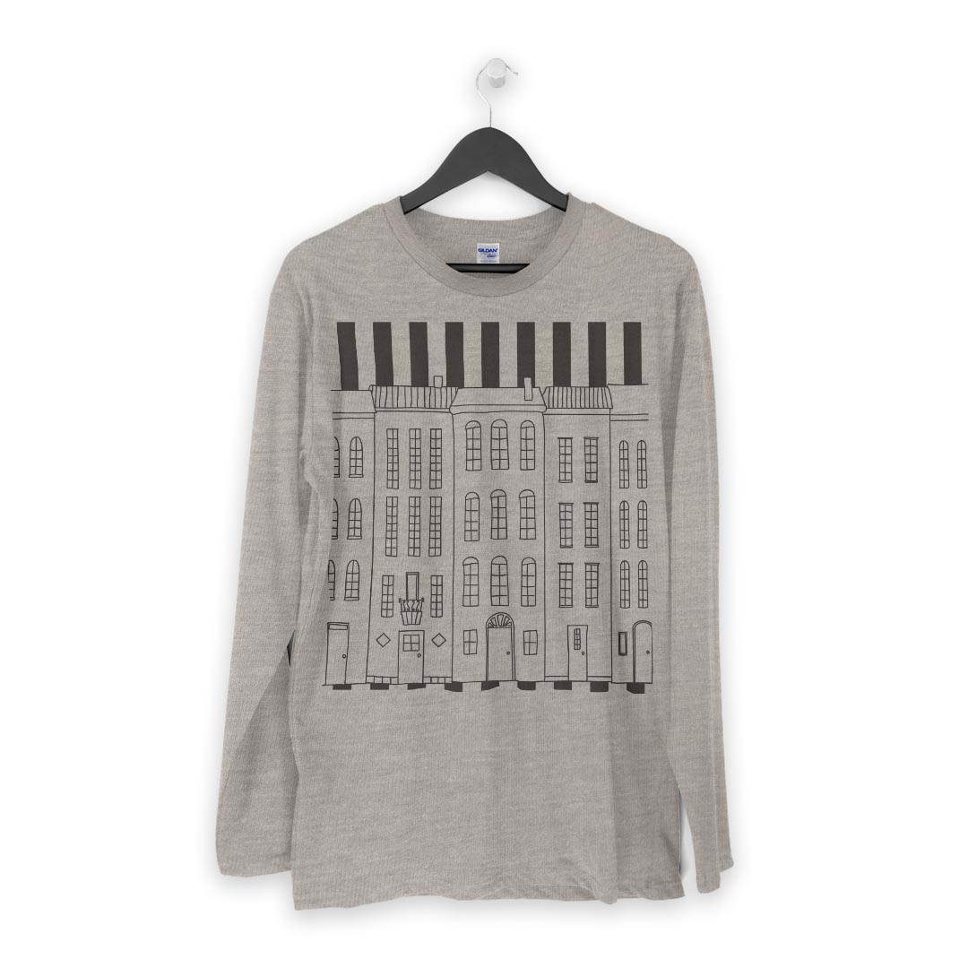 ロング tシャツ メンズ 長袖 ホワイト グレー デザイン XS S M L XL 2XL Tシャツ ティーシャツ T shirt long sleeve 006889 建物　ストライプ　イラスト