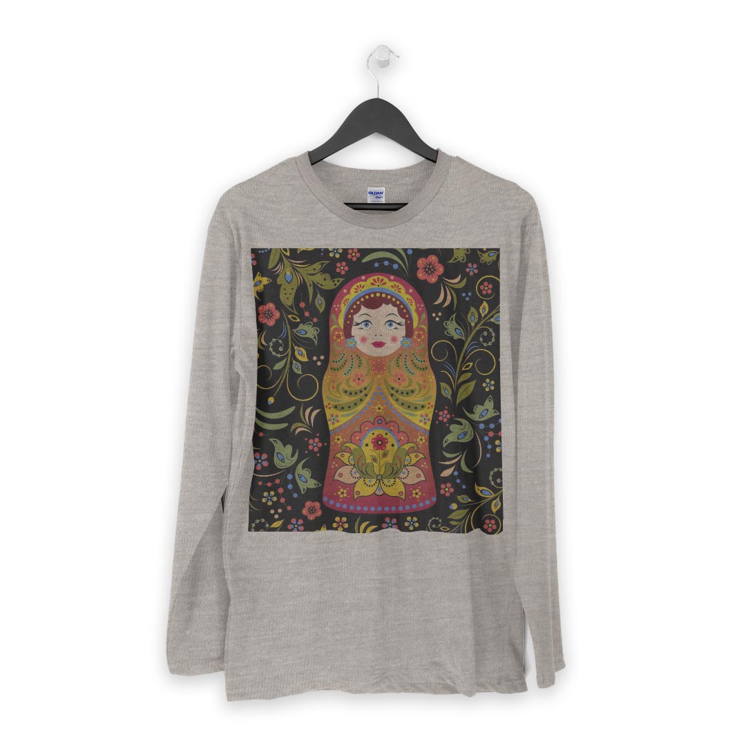 ロング tシャツ メンズ 長袖 ホワイト グレー デザイン XS S M L XL 2XL Tシャツ ティーシャツ T shirt long sleeve 007293 花　　マトリョーシカ　イラスト