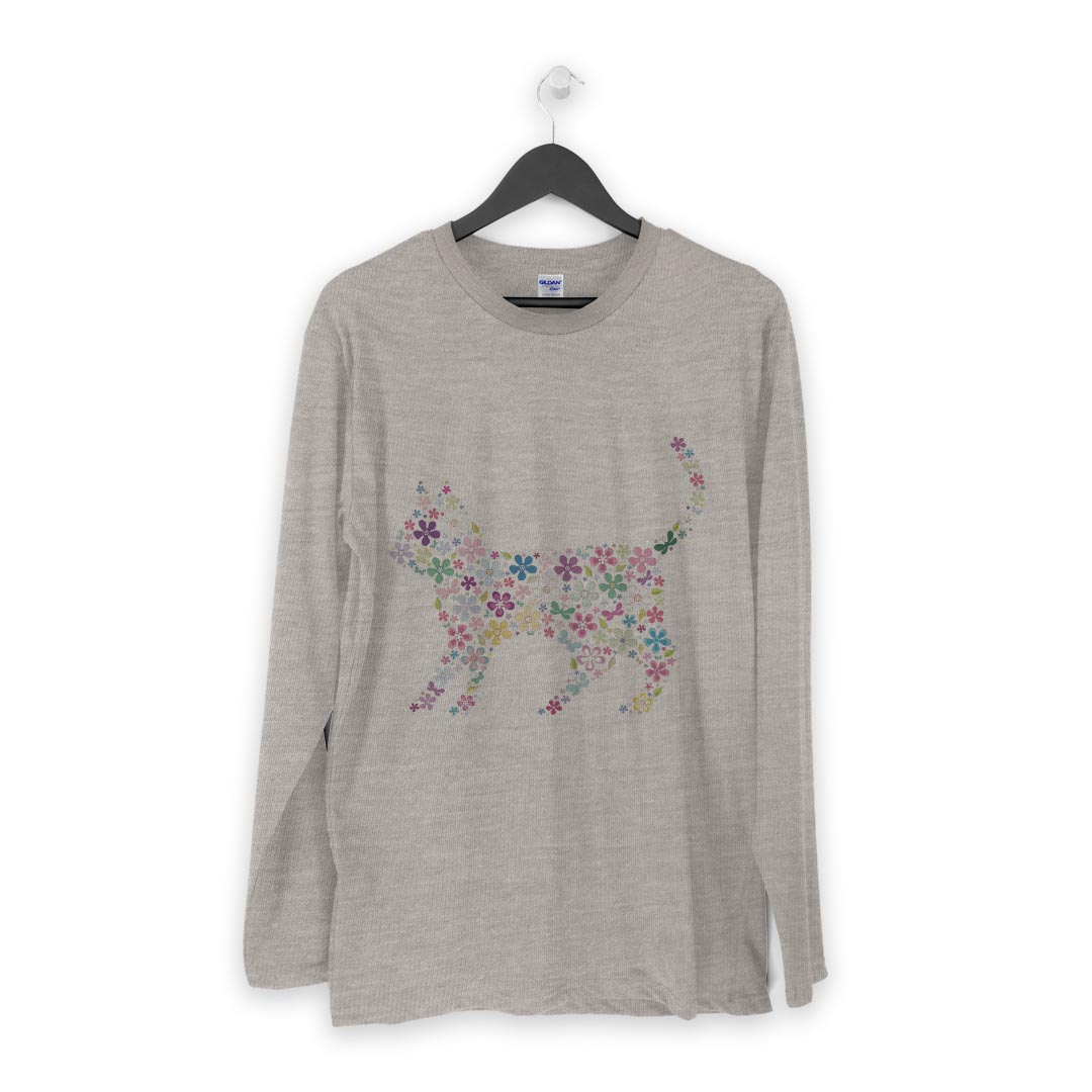 ロング tシャツ メンズ 長袖 ホワイト グレー デザイン XS S M L XL 2XL Tシャツ ティーシャツ T shirt long sleeve 007664 花　フラワー　猫　ねこ