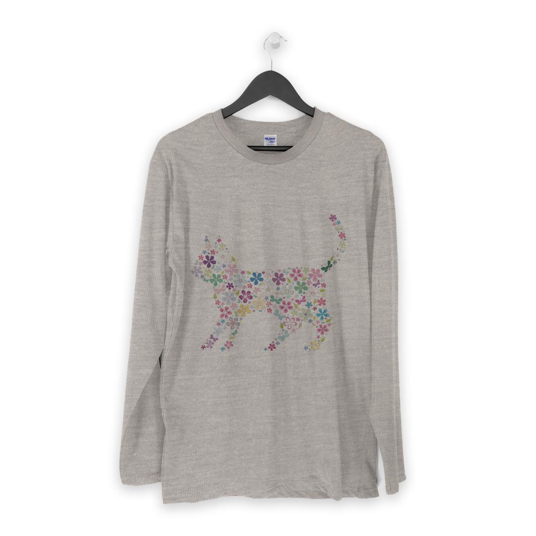 ロング tシャツ メンズ 長袖 ホワイト グレー デザイン XS S M L XL 2XL Tシャツ ティーシャツ T shirt long sleeve 007664 花　フラワー　猫　ねこ