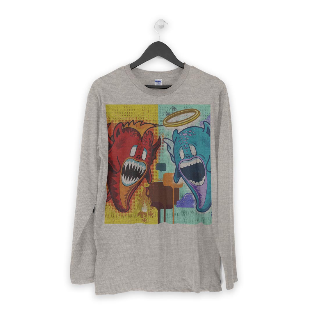 ロング tシャツ メンズ 長袖 ホワイト グレー デザイン XS S M L XL 2XL Tシャツ ティーシャツ T shirt long sleeve 010807 キャラクター　赤　緑