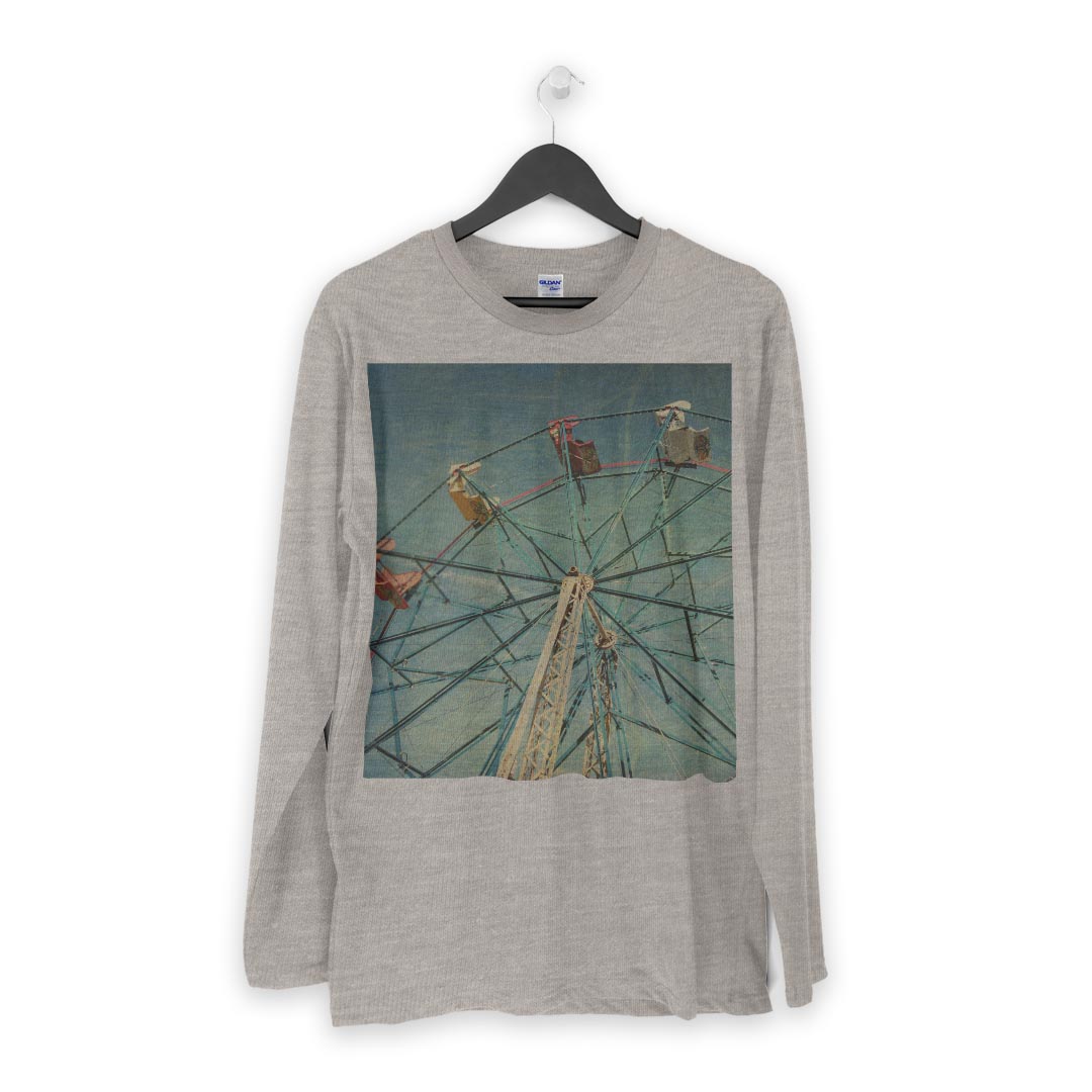 ロング tシャツ メンズ 長袖 ホワイト グレー デザイン XS S M L XL 2XL Tシャツ ティーシャツ T shirt long sleeve 011172 観覧車　ビンテージ　写真