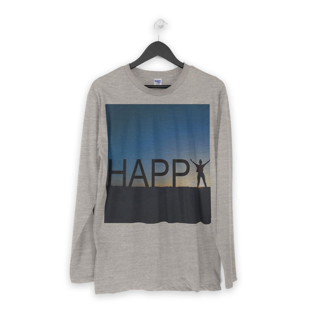 ロング tシャツ メンズ 長袖 ホワイト グレー デザイン XS S M L XL 2XL Tシャツ ティーシャツ T shirt long sleeve 012833 happy　英語　シルエット