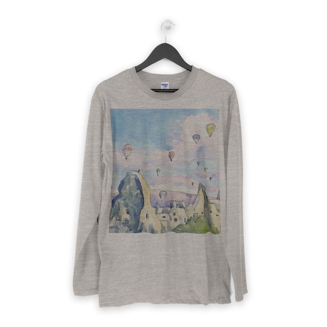 ロング tシャツ メンズ 長袖 ホワイト グレー デザイン XS S M L XL 2XL Tシャツ ティーシャツ T shirt long sleeve 013535 水彩　気球　風景