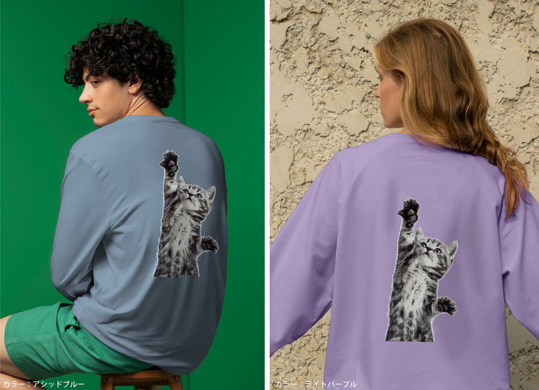 選べる14カラー バックプリント メンズ レディース ユニセックス unisex 長袖 デザイン XS S M L XL 2XL Tシャツ ロング ティーシャツ T shirt 001200 ネコ　動物