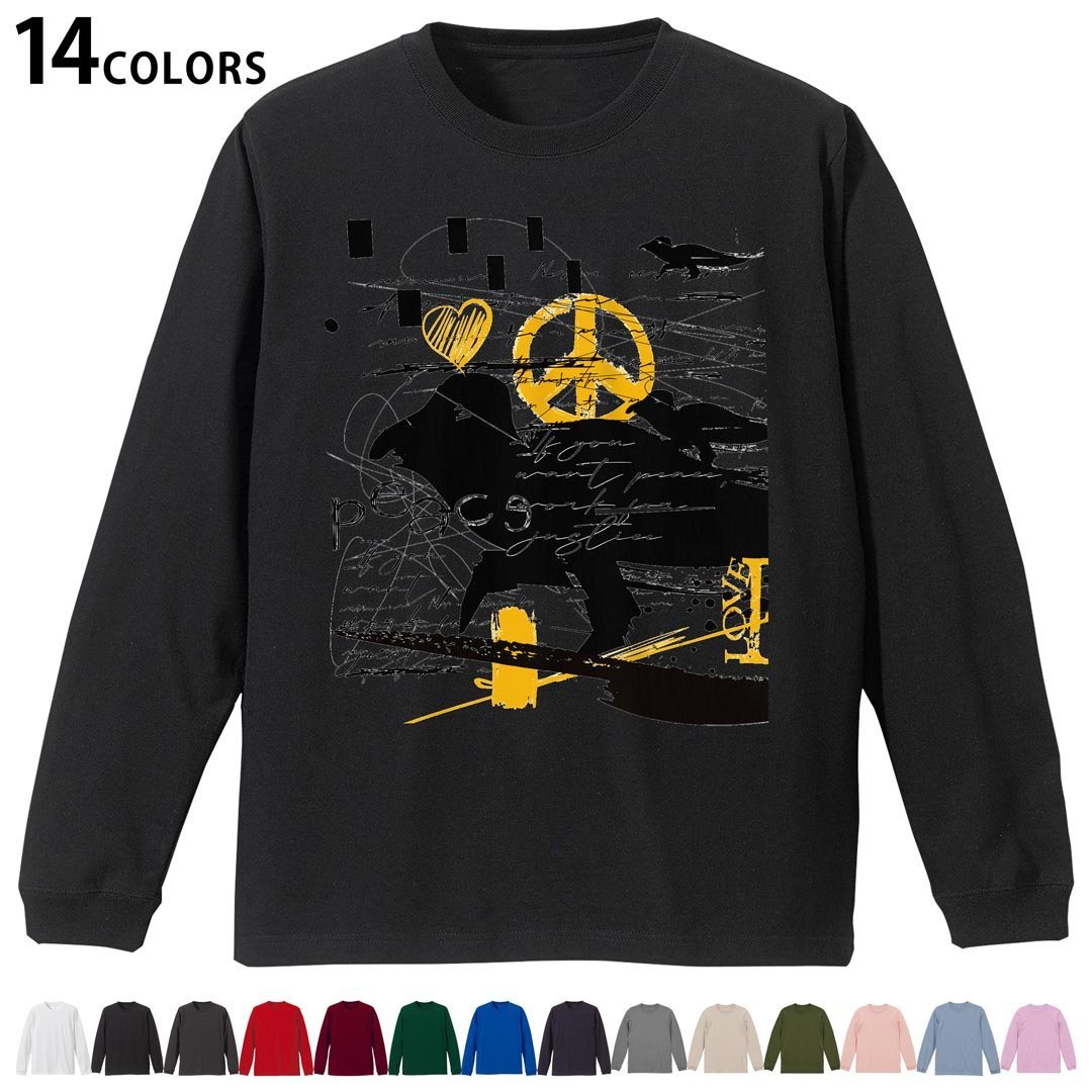 選べる14カラー 長袖リブ付きTシャツ メンズ レディース ユニセックス unisex 長袖 デザイン XS S M L XL 2XL Tシャツ ロング ティーシャツ T shirt 036003 鳥 黒 黄色