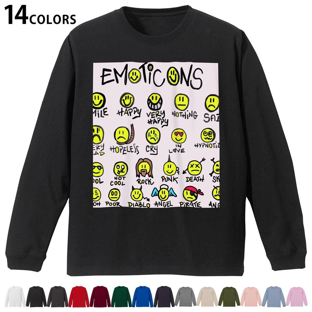 選べる14カラー 長袖リブ付きTシャツ メンズ レディース ユニセックス unisex 長袖 デザイン XS S M L XL 2XL Tシャツ ロング ティーシャツ T shirt 006105 スマイル アイコン イラスト
