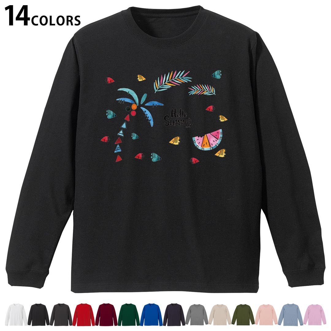 Other - 選べる14カラー 長袖リブ付きTシャツ メンズ レディース ユニセックス unisex 長袖 デザイン XS S M L XL 2XL Tシャツ ロング ティーシャツ T shirt 017844 ヤシの木　スイカ　summer