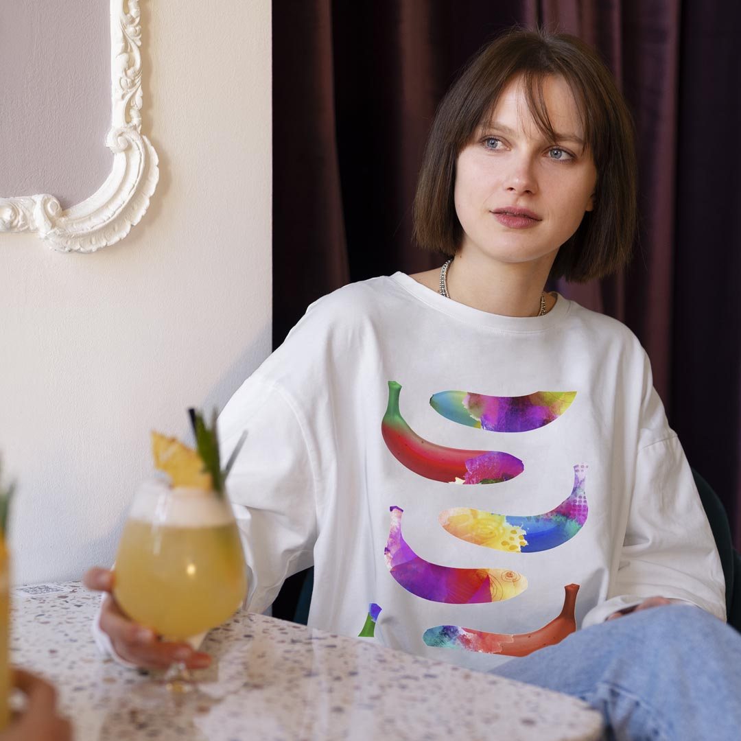 選べる14カラー 長袖リブ付きTシャツ メンズ レディース ユニセックス unisex 長袖 デザイン XS S M L XL 2XL Tシャツ ロング ティーシャツ T shirt 014807 バナナ　シルエット　カラフル