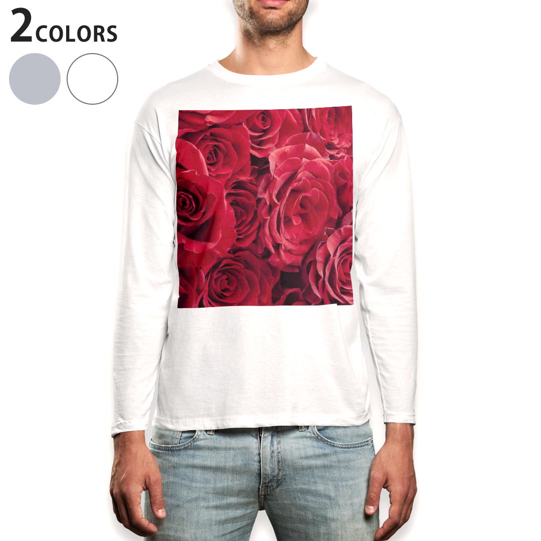 ロング tシャツ メンズ 長袖 ホワイト グレー デザイン XS S M L XL 2XL Tシャツ ティーシャツ T shirt long sleeve 000124 バラ　赤　花束
