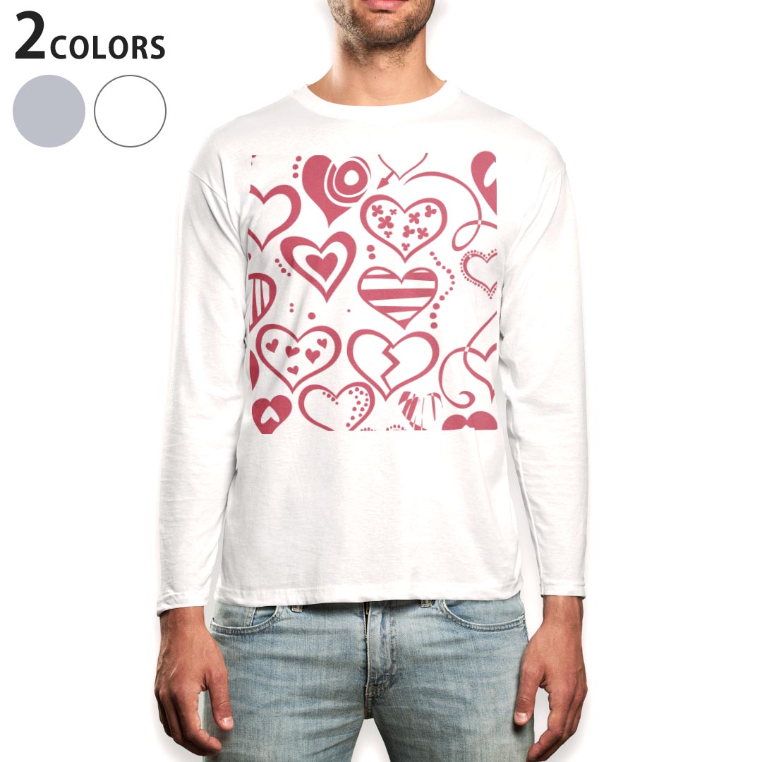 ロング tシャツ メンズ 長袖 ホワイト グレー デザイン XS S M L XL 2XL Tシャツ ティーシャツ T shirt long sleeve 000132 ハート　ピンク　イラスト