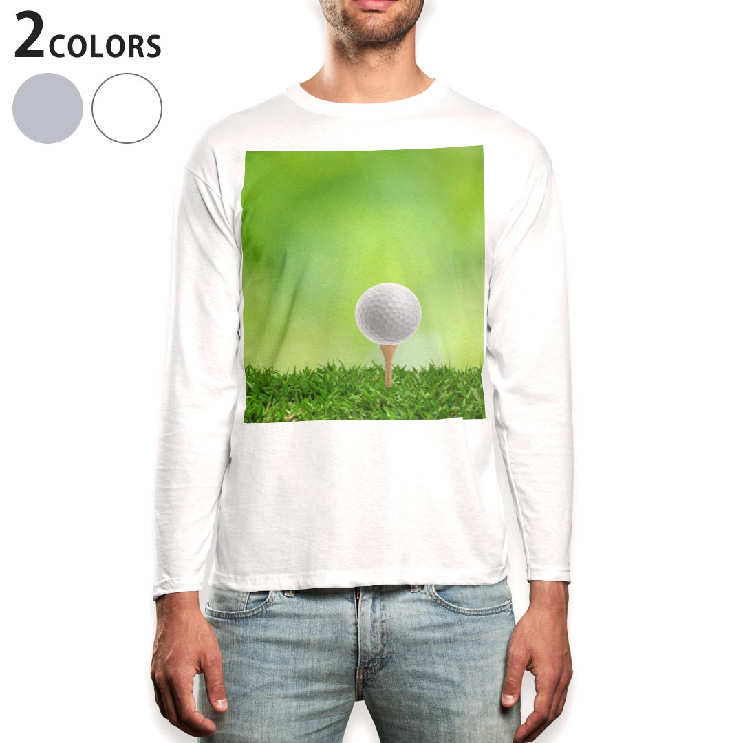 ロング tシャツ メンズ 長袖 ホワイト グレー デザイン XS S M L XL 2XL Tシャツ ティーシャツ T shirt long sleeve 000218 ゴルフ　ショット　芝生
