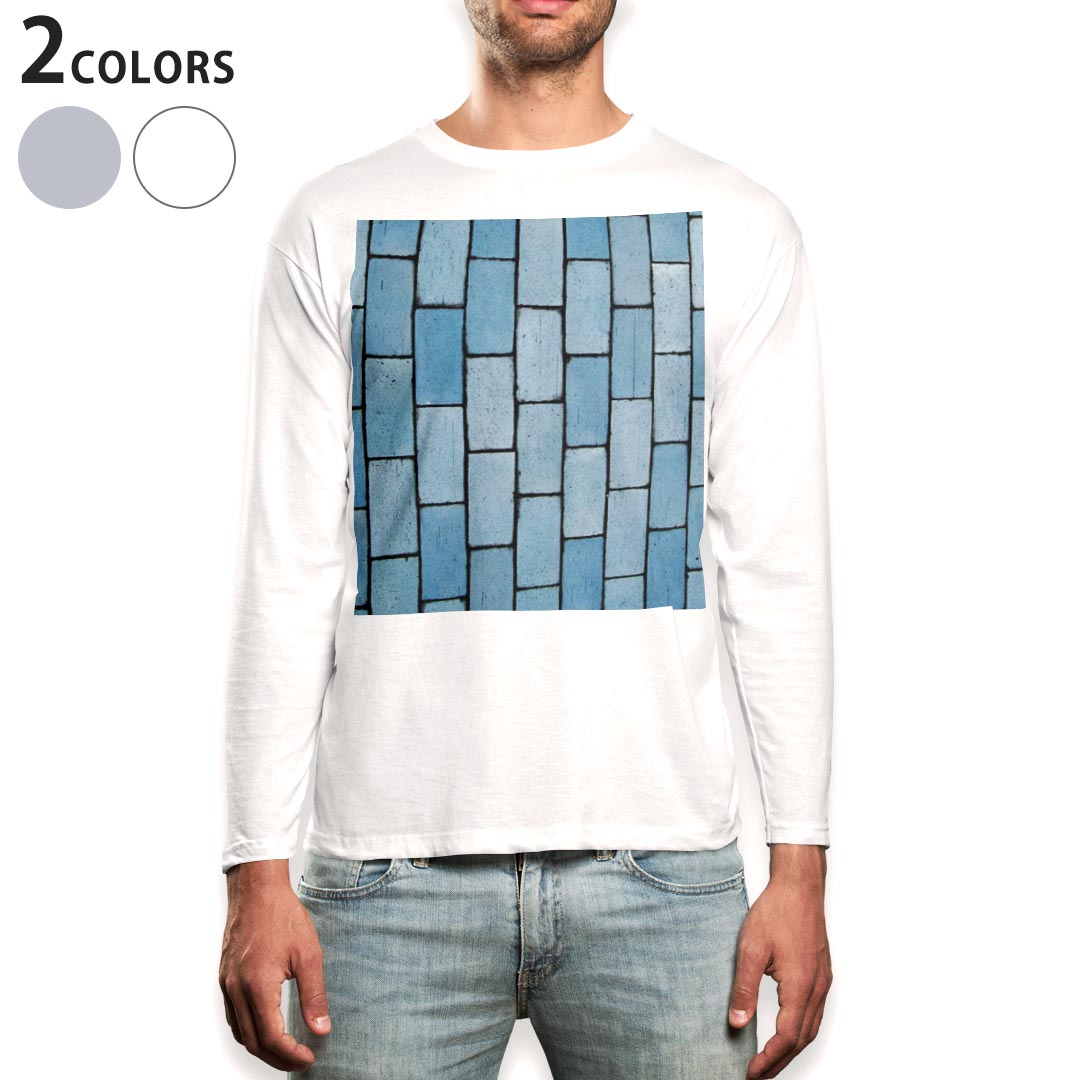 ロング tシャツ メンズ 長袖 ホワイト グレー デザイン XS S M L XL 2XL Tシャツ ティーシャツ T shirt long sleeve 000302 壁 青 壁画