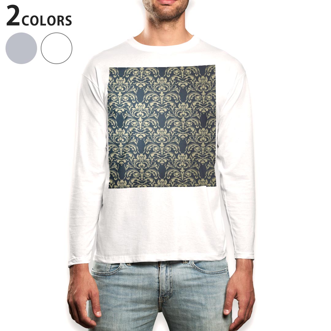 ロング tシャツ メンズ 長袖 ホワイト グレー デザイン XS S M L XL 2XL Tシャツ ティーシャツ T shirt long sleeve 000413 ペイズリー　ダマスク　花
