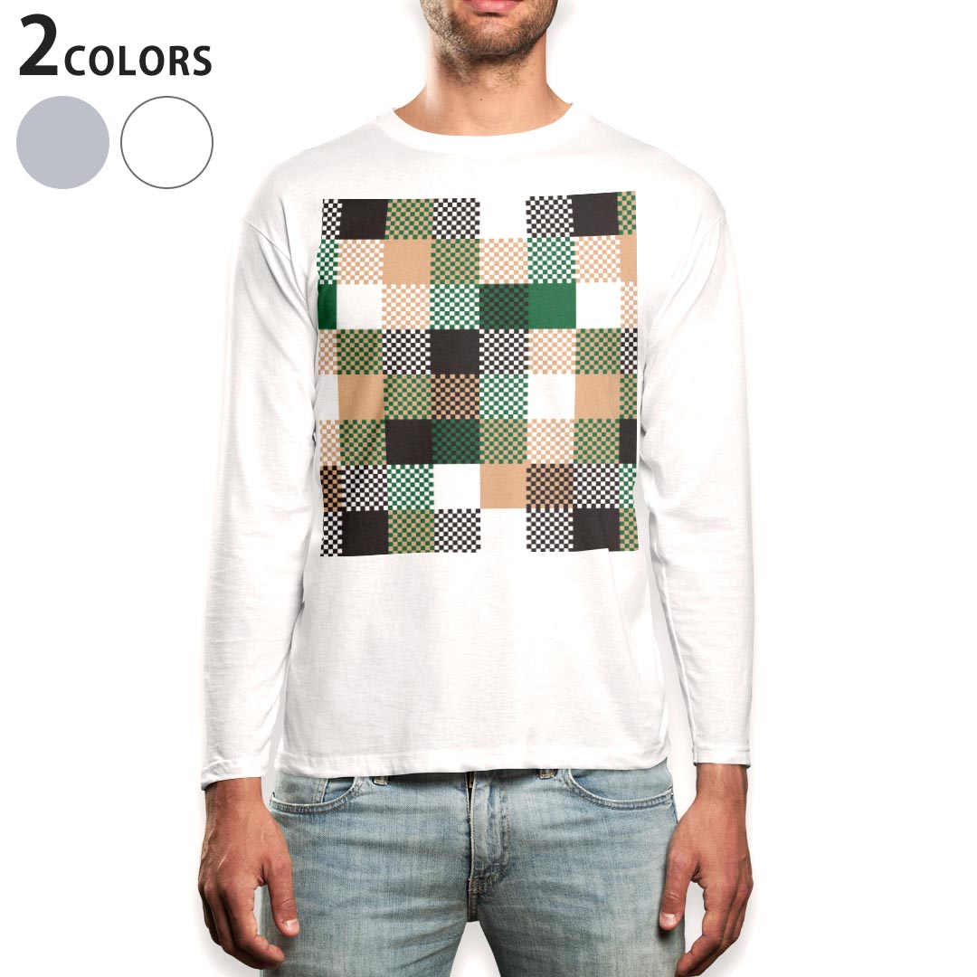 ロング tシャツ メンズ 長袖 ホワイト グレー デザイン XS S M L XL 2XL Tシャツ ティーシャツ T shirt long sleeve 000513 ブロックチェック　緑