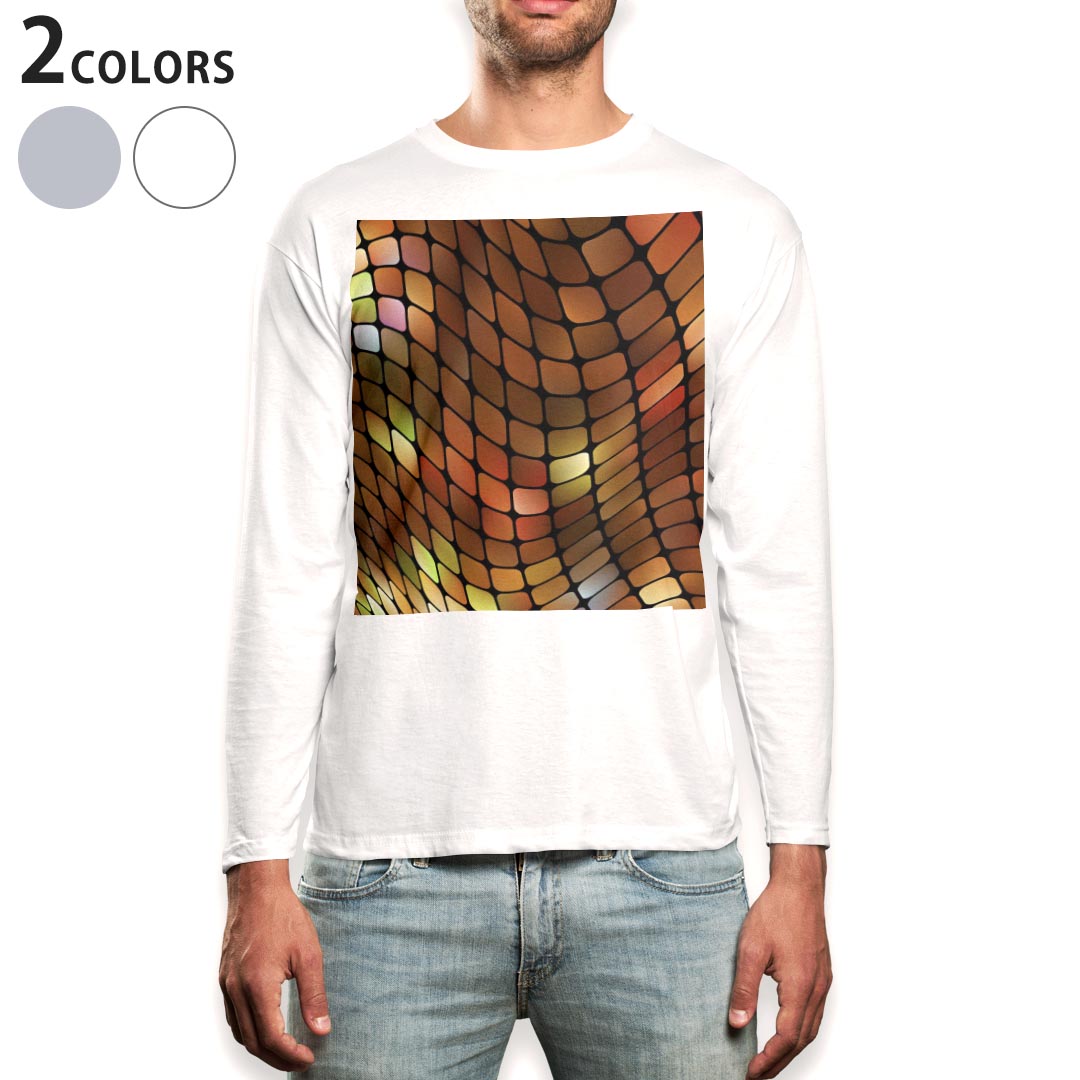 ロング tシャツ メンズ 長袖 ホワイト グレー デザイン XS S M L XL 2XL Tシャツ ティーシャツ T shirt long sleeve 000540 ウエーブ　四角
