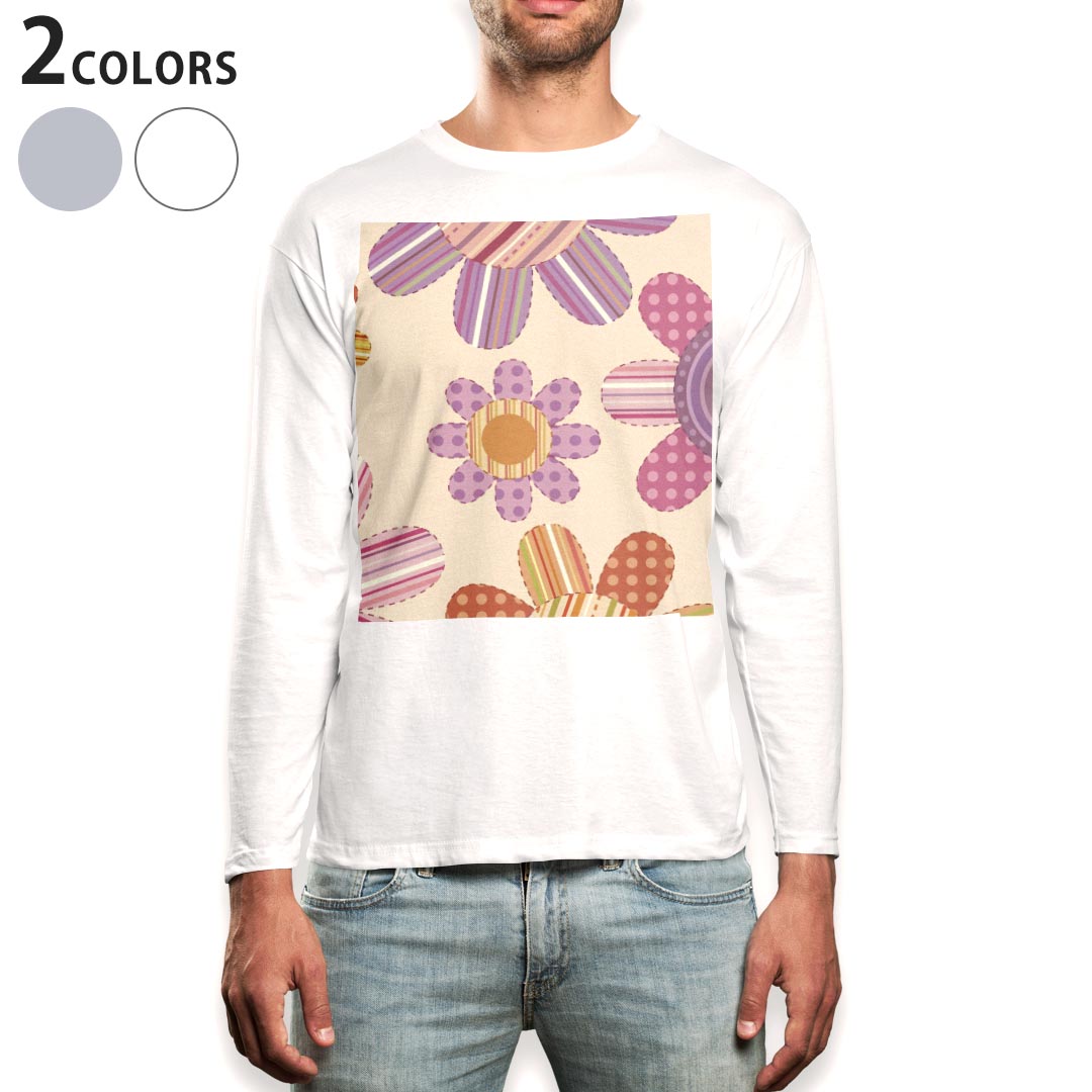 ロング tシャツ メンズ 長袖 ホワイト グレー デザイン XS S M L XL 2XL Tシャツ ティーシャツ T shirt long sleeve 000702 花 ストライプ