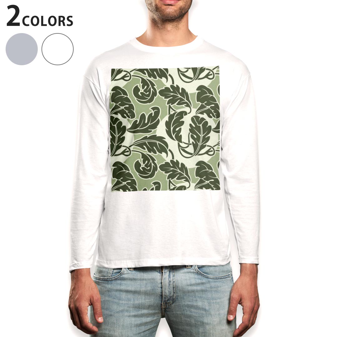ロング tシャツ メンズ 長袖 ホワイト グレー デザイン XS S M L XL 2XL Tシャツ ティーシャツ T shirt long sleeve 000705 リーフ 葉