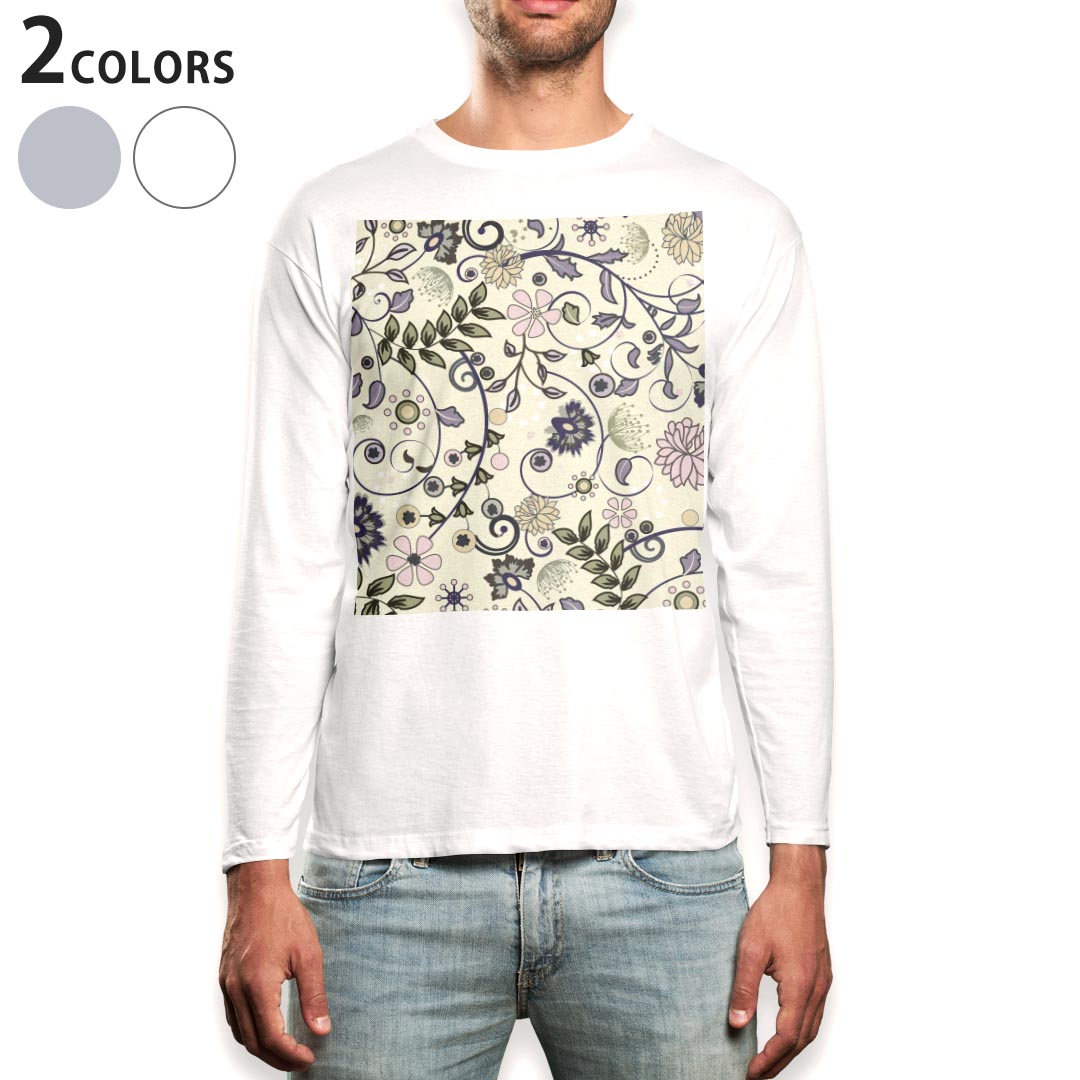 ロング tシャツ メンズ 長袖 ホワイト グレー デザイン XS S M L XL 2XL Tシャツ ティーシャツ T shirt long sleeve 000744 小花　葉