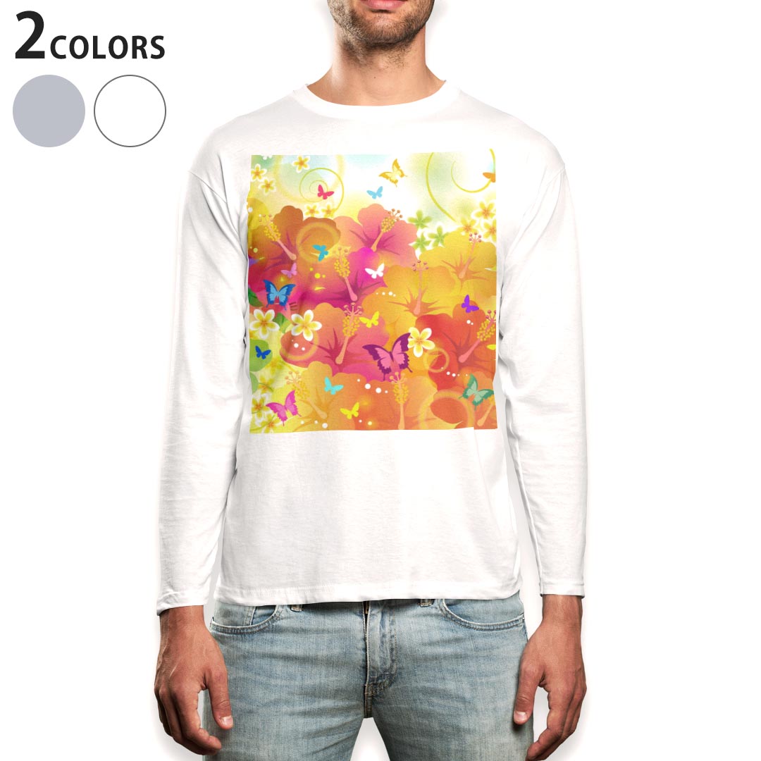 ロング tシャツ メンズ 長袖 ホワイト グレー デザイン XS S M L XL 2XL Tシャツ ティーシャツ T shirt long sleeve 000914 蝶々 花