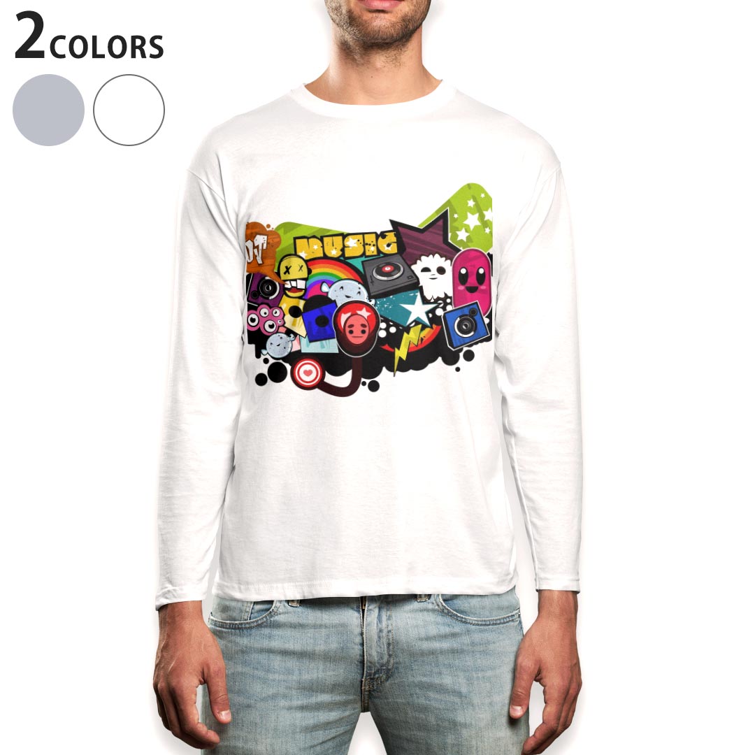 ロング tシャツ メンズ 長袖 ホワイト グレー デザイン XS S M L XL 2XL Tシャツ ティーシャツ T shirt long sleeve 001077 音楽　レコード
