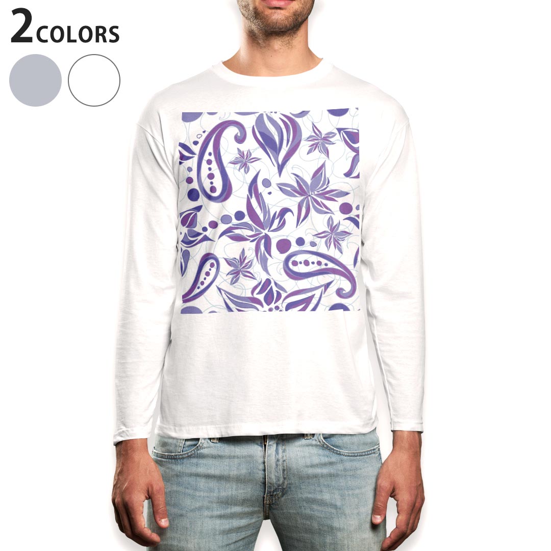 乐天商城 - ロング tシャツ メンズ 長袖 ホワイト グレー デザイン XS S M L XL 2XL Tシャツ ティーシャツ T shirt long sleeve 001131 花　紫