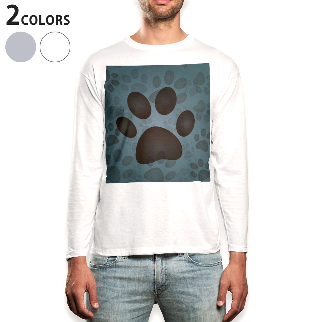 ロング tシャツ メンズ 長袖 ホワイト グレー デザイン XS S M L XL 2XL Tシャツ ティーシャツ T shirt long sleeve 001152 犬 足跡
