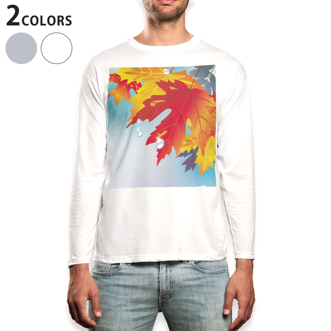 乐天商城 - ロング tシャツ メンズ 長袖 ホワイト グレー デザイン XS S M L XL 2XL Tシャツ ティーシャツ T shirt long sleeve 001282 紅葉　秋