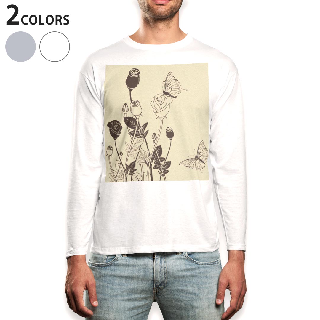 ロング tシャツ メンズ 長袖 ホワイト グレー デザイン XS S M L XL 2XL Tシャツ ティーシャツ T shirt long sleeve 001338 花 バラ 蝶