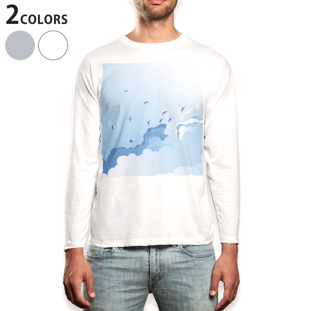 T-Shirts - ロング tシャツ メンズ 長袖 ホワイト グレー デザイン XS S M L XL 2XL Tシャツ ティーシャツ T shirt long sleeve 001359 鳥　青空