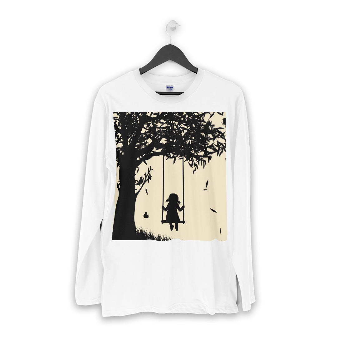 ロング tシャツ メンズ 長袖 ホワイト グレー デザイン XS S M L XL 2XL Tシャツ ティーシャツ T shirt long sleeve 001526 女の子　ブランコ