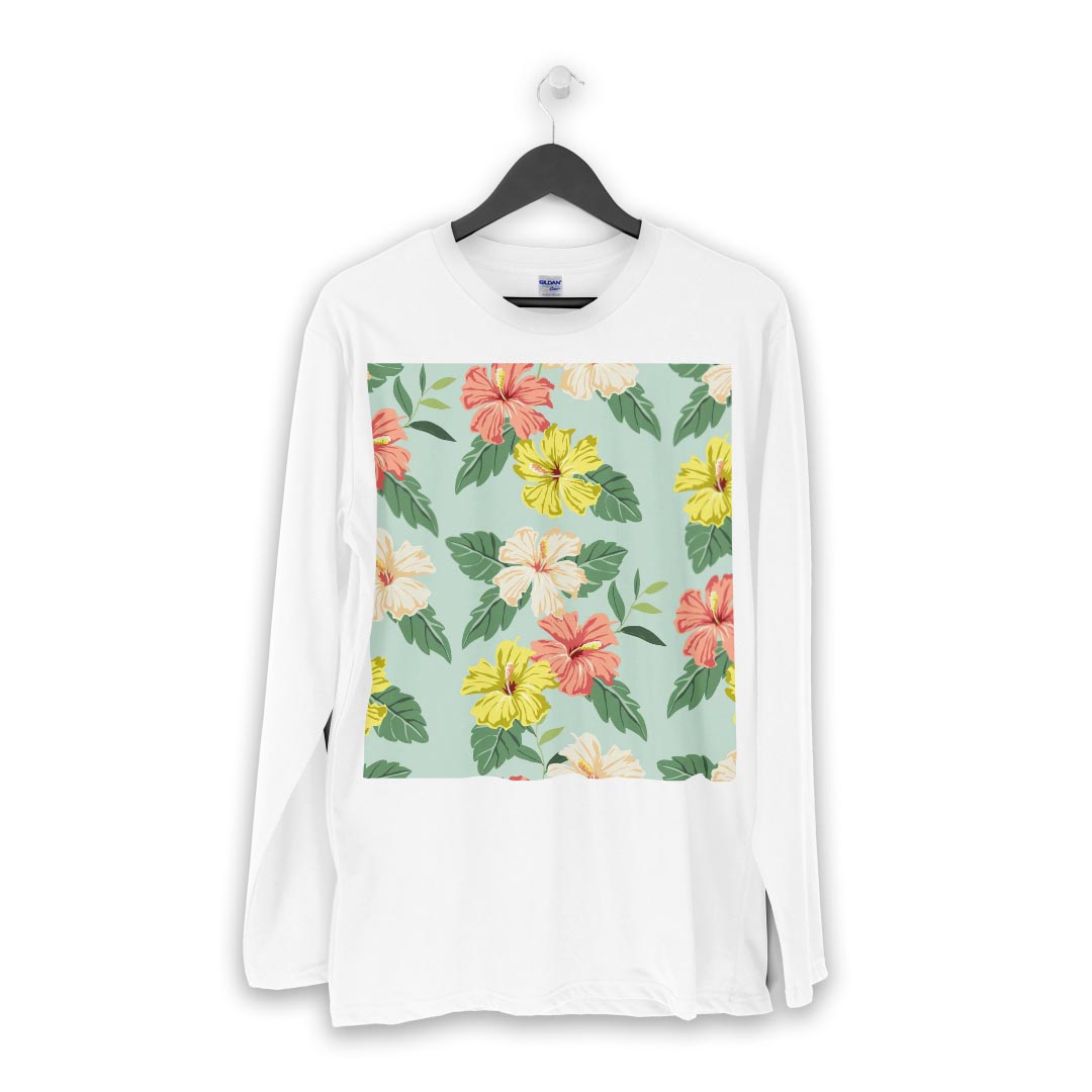 ロング tシャツ メンズ 長袖 ホワイト グレー デザイン XS S M L XL 2XL Tシャツ ティーシャツ T shirt long sleeve 003161 花　ハイビスカス　カラフル
