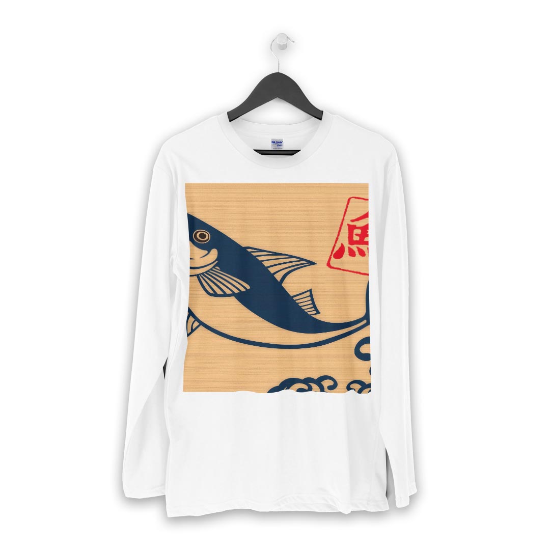 ロング tシャツ メンズ 長袖 ホワイト グレー デザイン XS S M L XL 2XL Tシャツ ティーシャツ T shirt long sleeve 003444 和風　和柄　魚