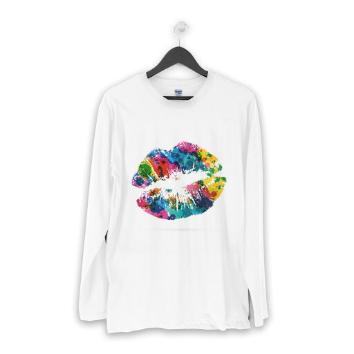 ロング tシャツ メンズ 長袖 ホワイト グレー デザイン XS S M L XL 2XL Tシャツ ティーシャツ T shirt long sleeve 006165 カラフル 唇