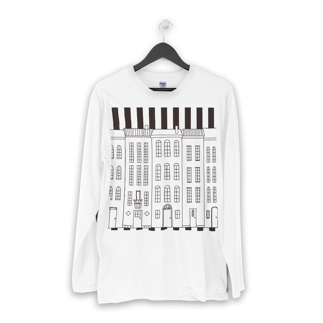 ロング tシャツ メンズ 長袖 ホワイト グレー デザイン XS S M L XL 2XL Tシャツ ティーシャツ T shirt long sleeve 006889 建物　ストライプ　イラスト