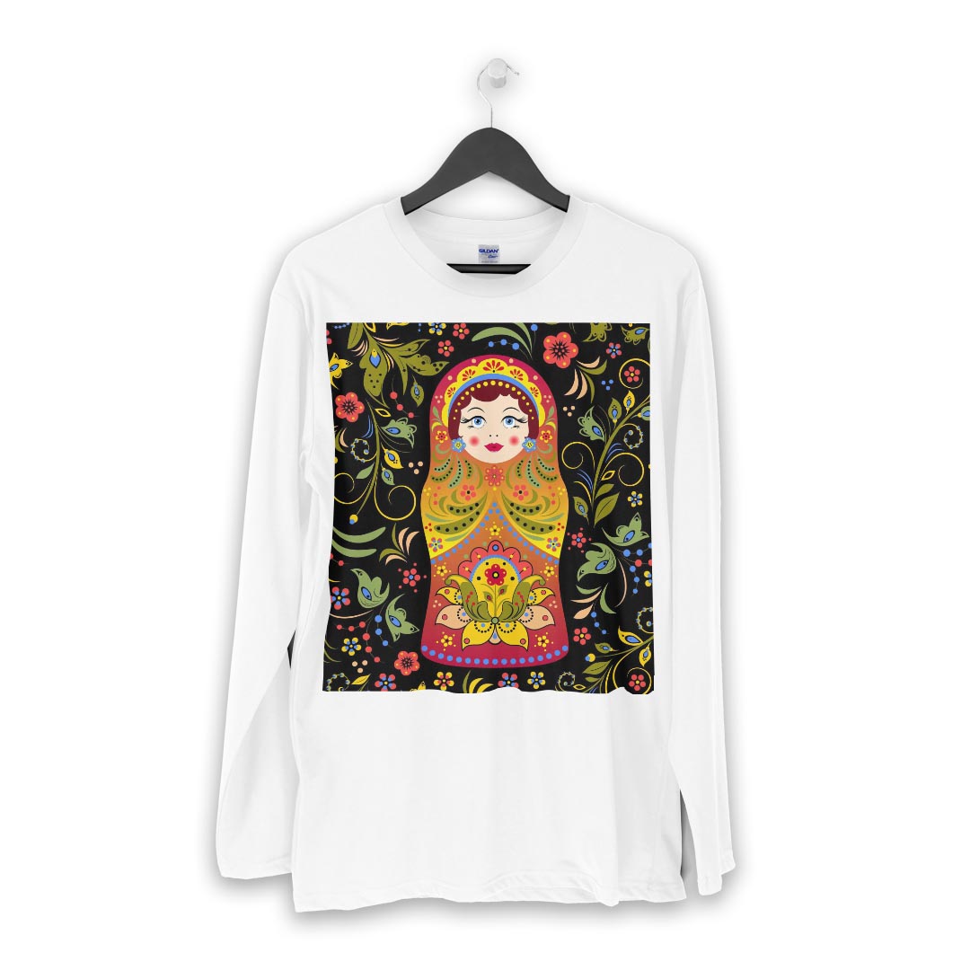 ロング tシャツ メンズ 長袖 ホワイト グレー デザイン XS S M L XL 2XL Tシャツ ティーシャツ T shirt long sleeve 007293 花　　マトリョーシカ　イラスト