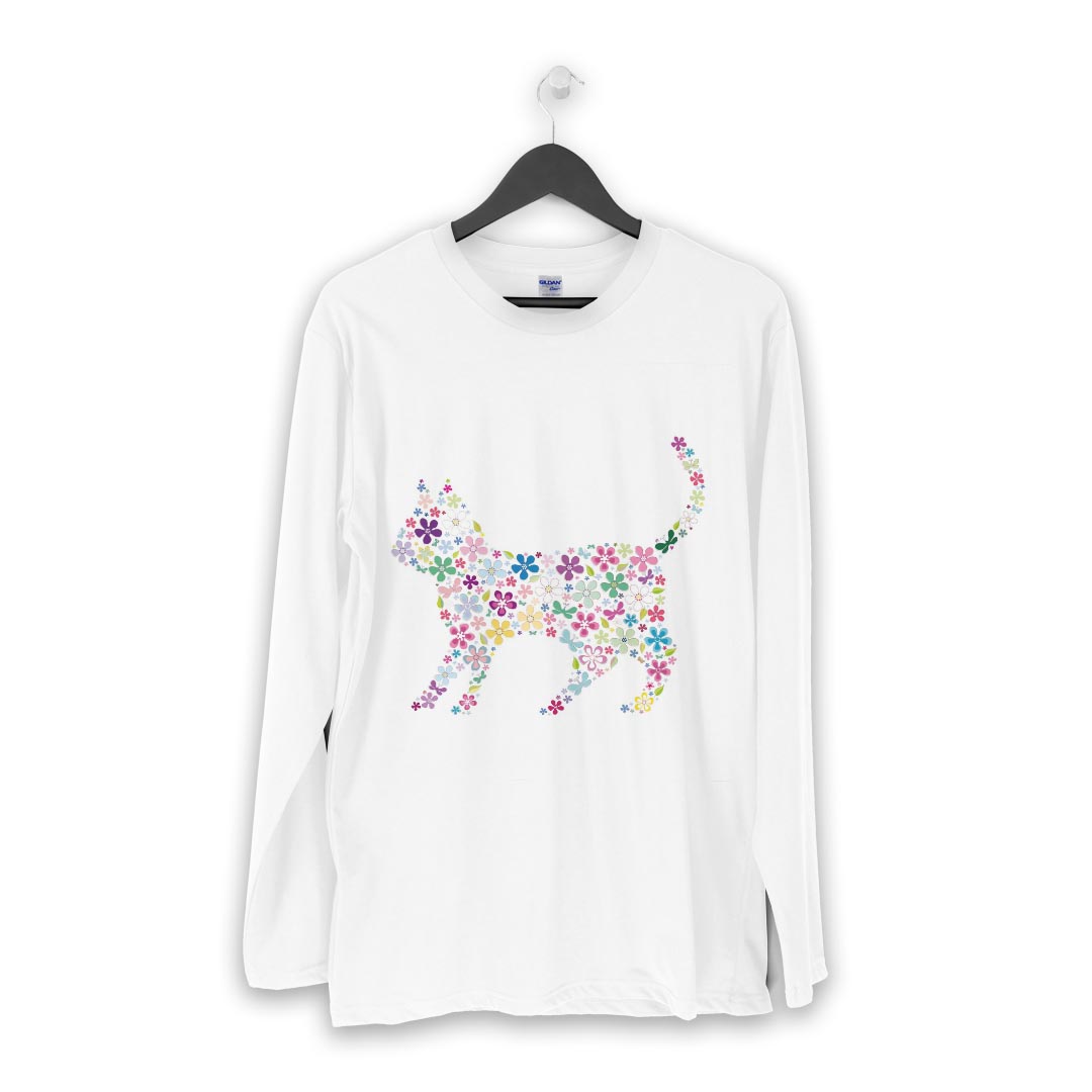 ロング tシャツ メンズ 長袖 ホワイト グレー デザイン XS S M L XL 2XL Tシャツ ティーシャツ T shirt long sleeve 007664 花　フラワー　猫　ねこ