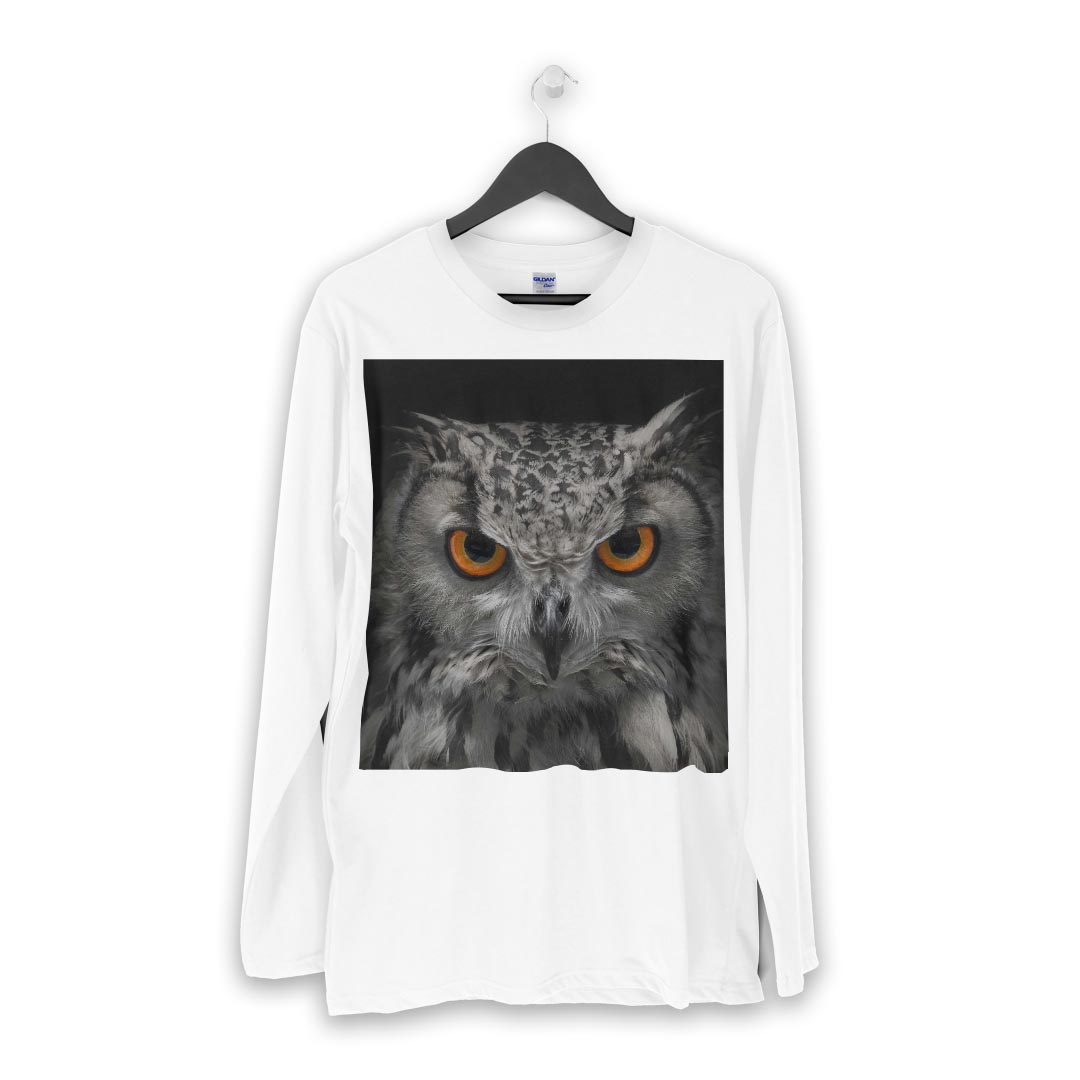 ロング tシャツ メンズ 長袖 ホワイト グレー デザイン XS S M L XL 2XL Tシャツ ティーシャツ T shirt long sleeve 007937 写真　フクロウ　黒　ブラック