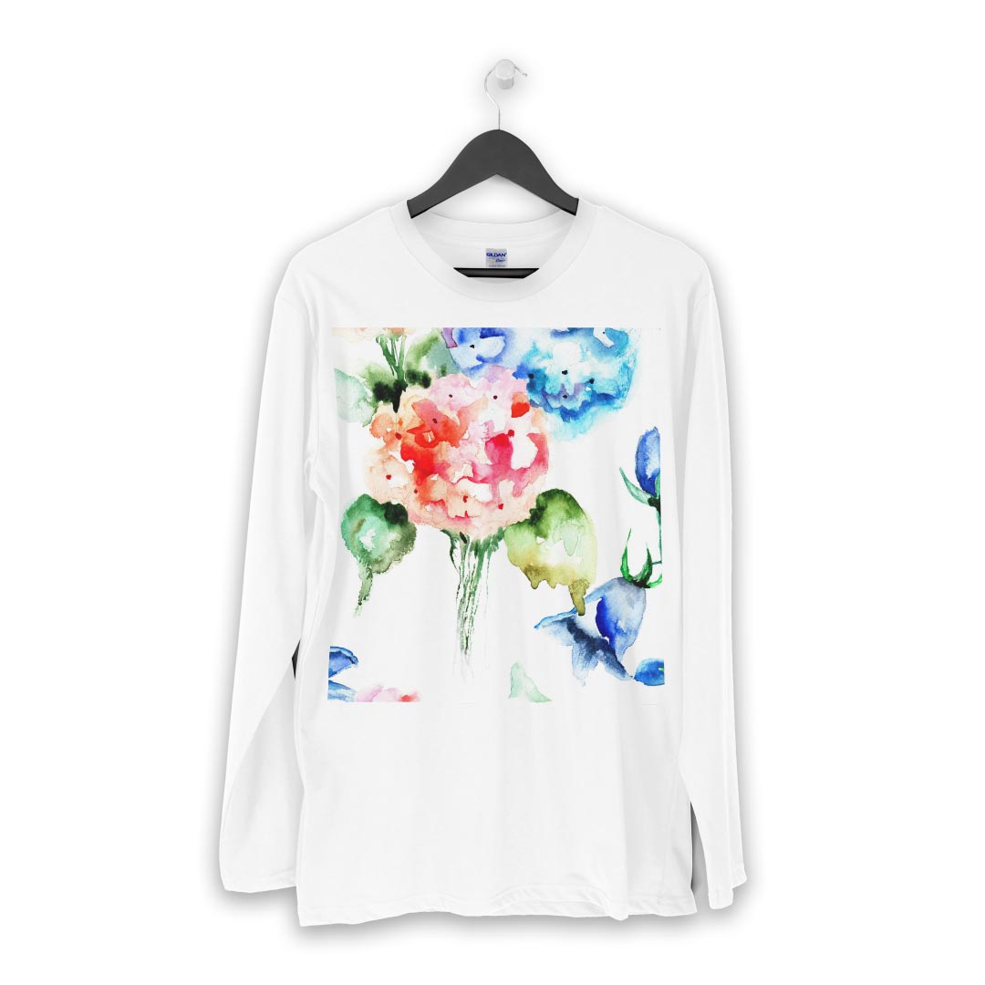 ロング tシャツ メンズ 長袖 ホワイト グレー デザイン XS S M L XL 2XL Tシャツ ティーシャツ T shirt long sleeve 007960 花　フラワー　青　ブルー　水彩