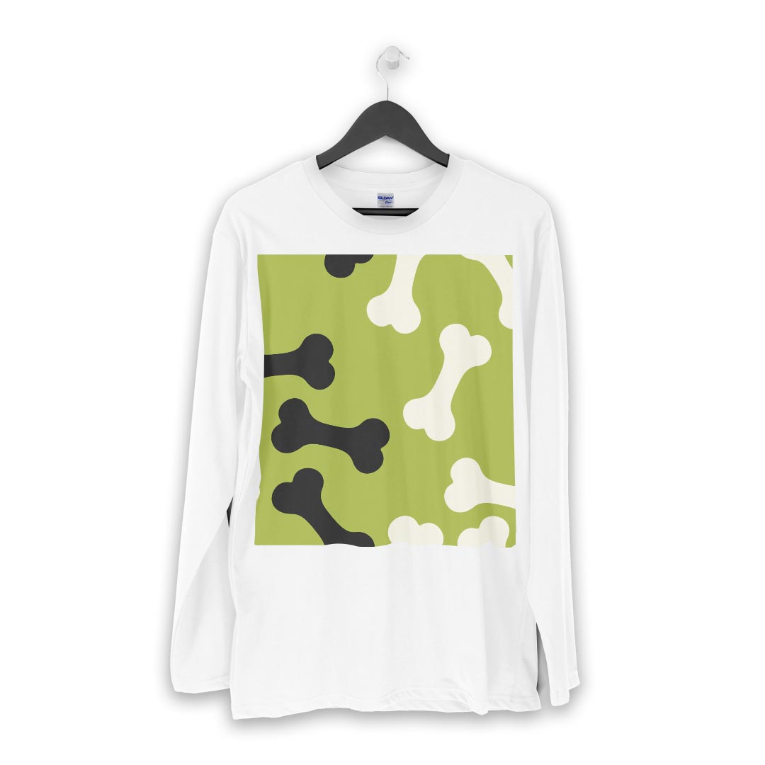 ロング tシャツ メンズ 長袖 ホワイト グレー デザイン XS S M L XL 2XL Tシャツ ティーシャツ T shirt long sleeve 008110 黄緑　犬　骨　模様