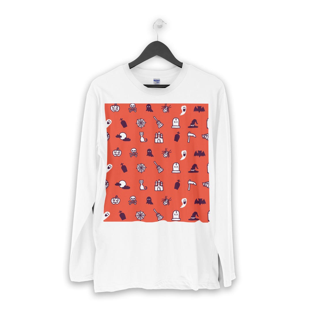 ロング tシャツ メンズ 長袖 ホワイト グレー デザイン XS S M L XL 2XL Tシャツ ティーシャツ T shirt long sleeve 008520 ハロウィン　オレンジ　イラスト　模様
