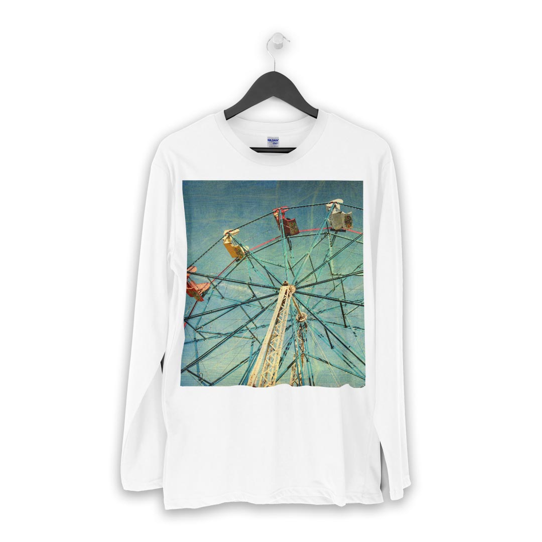 ロング tシャツ メンズ 長袖 ホワイト グレー デザイン XS S M L XL 2XL Tシャツ ティーシャツ T shirt long sleeve 011172 観覧車　ビンテージ　写真