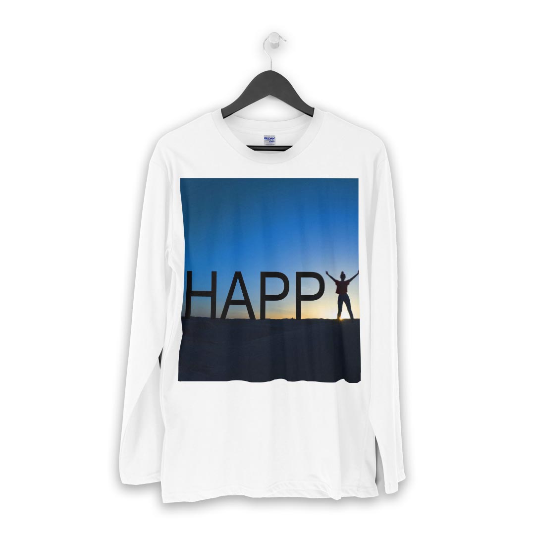 ロング tシャツ メンズ 長袖 ホワイト グレー デザイン XS S M L XL 2XL Tシャツ ティーシャツ T shirt long sleeve 012833 happy　英語　シルエット