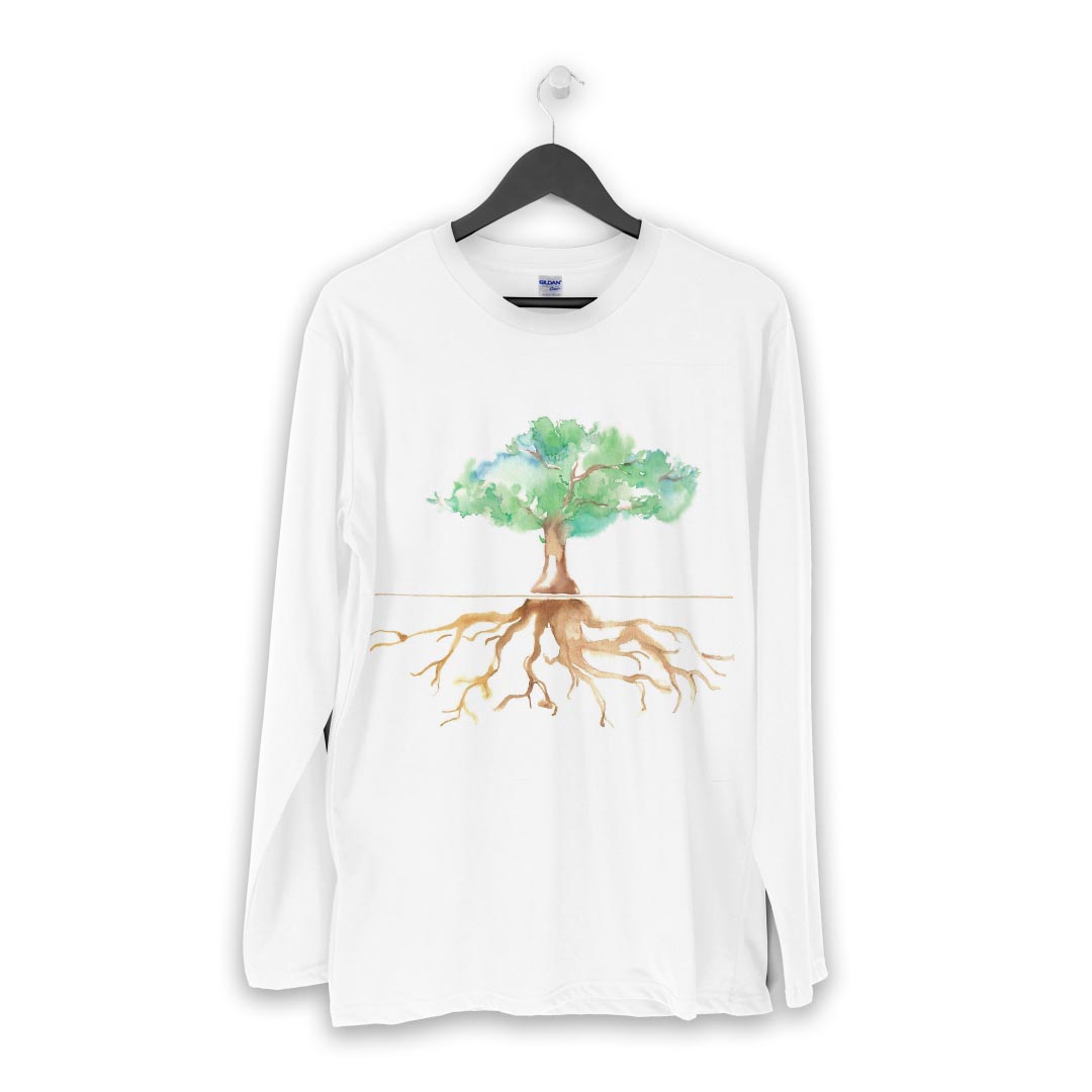 ロング tシャツ メンズ 長袖 ホワイト グレー デザイン XS S M L XL 2XL Tシャツ ティーシャツ T shirt long sleeve 013277 木　水彩　絵