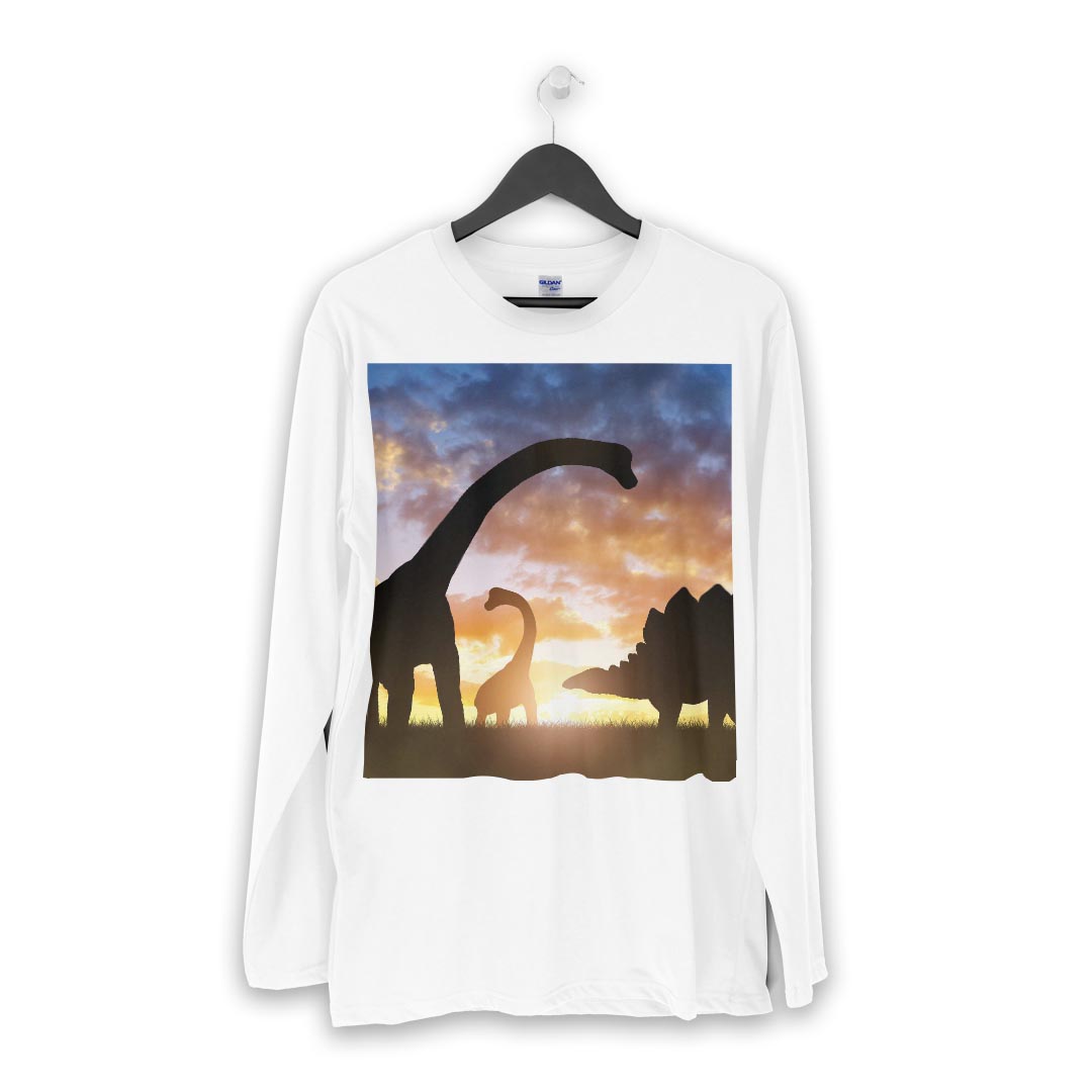 ロング tシャツ メンズ 長袖 ホワイト グレー デザイン XS S M L XL 2XL Tシャツ ティーシャツ T shirt long sleeve 013281 恐竜　シルエット　夕日